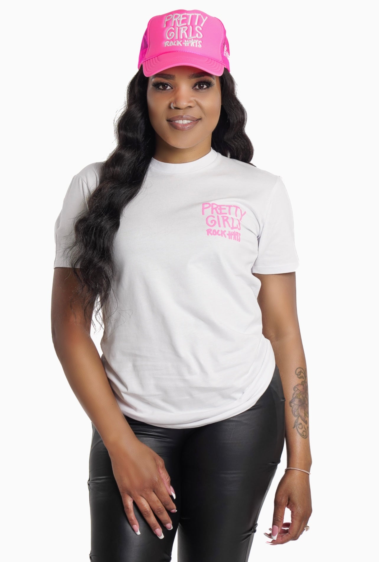 Neon Pink "Pretty Girls Rock Hats" T-shirt (unisex size)