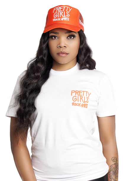 Orange "Pretty Girls Rock Hats" T-shirt (unisex size)