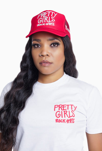 Red "Pretty Girls Rock Hats" T-shirt (unisex size)